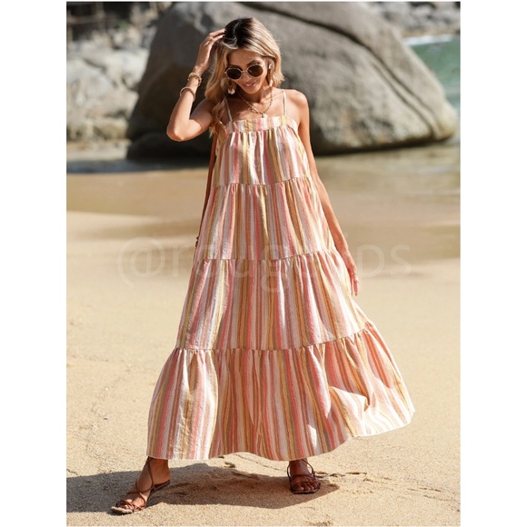 Striped Maxi Dress Flowy Flared A-line Spaghetti Straps Multicolor Long Ruffle - Picture 5 of 7